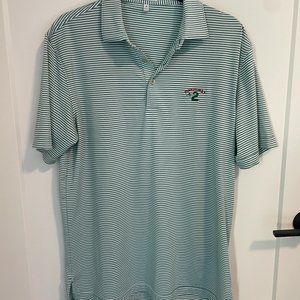 Peter Millar Green/White Striped Golf Shirt with Pinehurst No. 2 Logo, Size Med